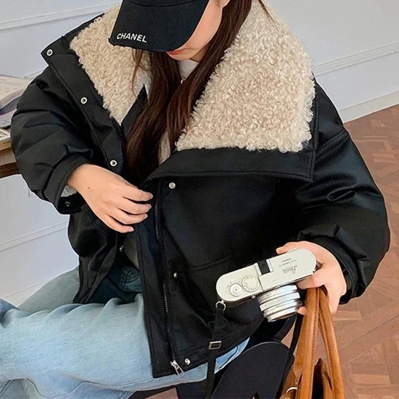 سترة نسائية شتوية بسحّاب من الجلد السميك سترة Mujer أنيقة من صوف الضأن الصناعي للنساء بياقة مقلوبة سترات دافئة