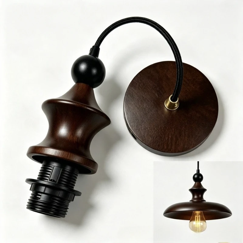 Vintage Walnut Colored Lamp Holder Hanging Wire Pendant Light Accessory Solid Wood E27 Light Socket Lampshade Fixed
