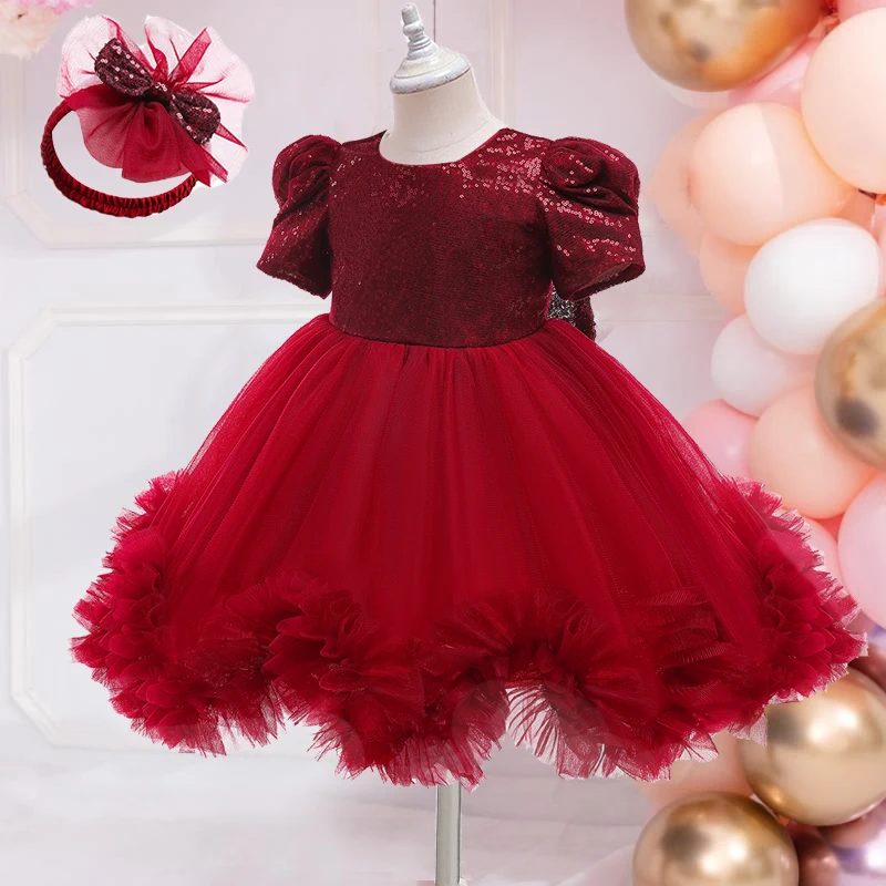 

Baby Girl Dress Sequined Evening Vestidos Christening Princess Toddler Baptism 1st Birthday Party Ball Gown Children Clothes Red