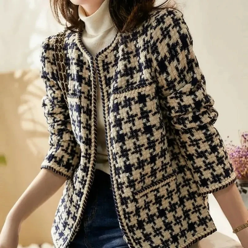 Bright Silk Bright Line Decoration Plaid Vintage O-Neck Long Sleeve Women\'s Jacket Covered Button Short Jackets Coat For Women