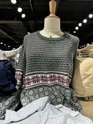 Snowflake Jacquard Sweater Woman Autumn Round Neck Long Sleeve Cotton Jumpers Gray American Vintage Streetwear Pullover Y2k Tops