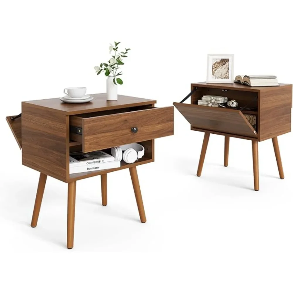 

Hidden Compartment Nightstands, Mid Century Modern Concealment Furniture, Bedside Table with Wood Legs, End Table