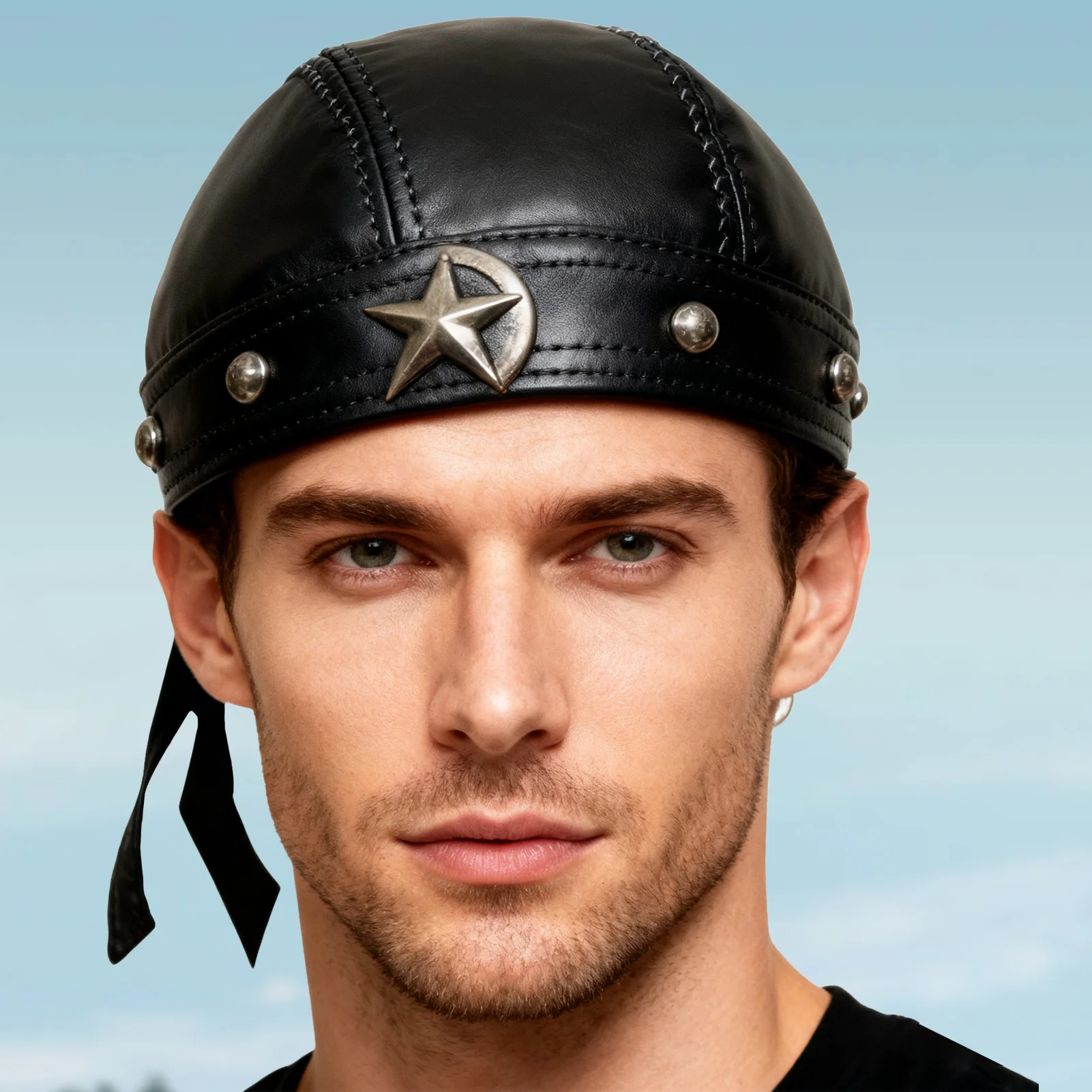 Punk Leather Hat Rivet Studded Headband Adjustable Biker Cap for Halloween Cosplay Party Costume Accessory Durable Edgy