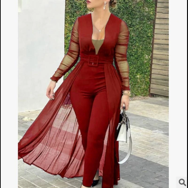 STYLISH LADY Mesh Cape Rompers and Jumpsuits 2022 Autumn Women Long Sleeve V Neck See Through Solid Elegant Club Party Overalls