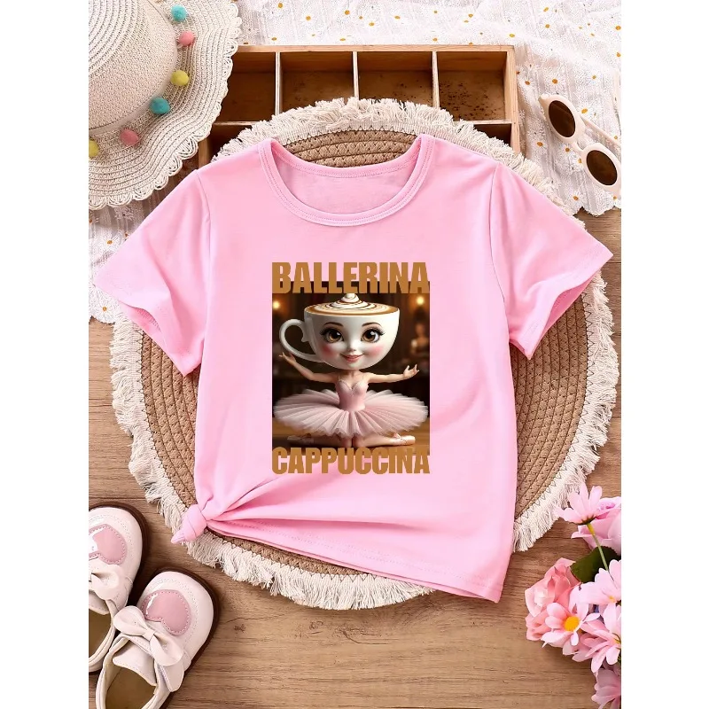 2026 جديد راقصة الباليه كابتشينا الأطفال عادية قصيرة الأكمام تي شيرت مع الحروف الذهبية الكرتون راقصة الباليه كابتشينو طباعة #6