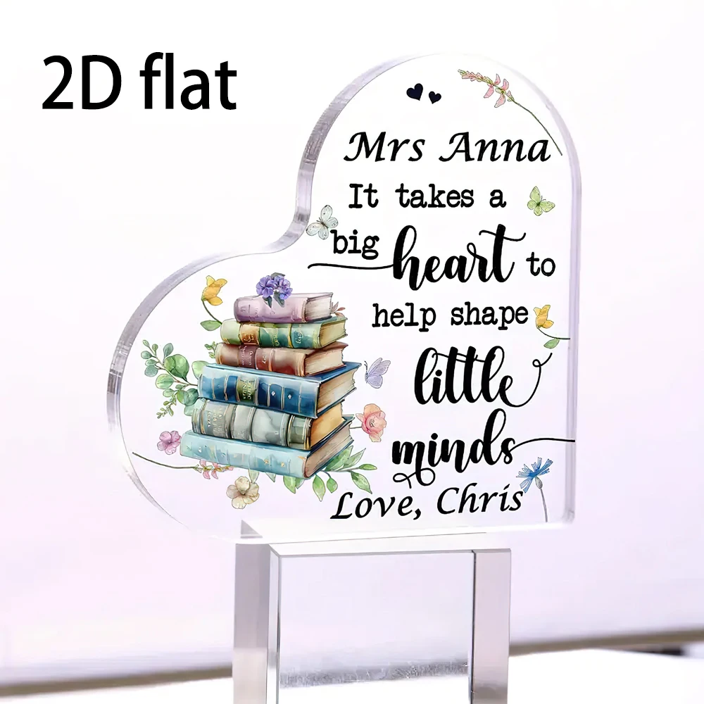 [2D plat] Plaque acrylique personnalisée en forme de cœur d'appréciation des enseignants – Design avec citation inspirante, accents floraux et papillons