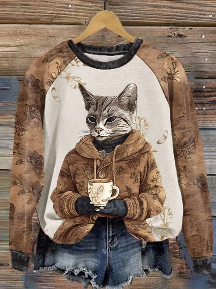Suéter de cuello redondo con estampado de gato de dibujos animados para mujer, Jersey informal de manga raglán, Top de otoño