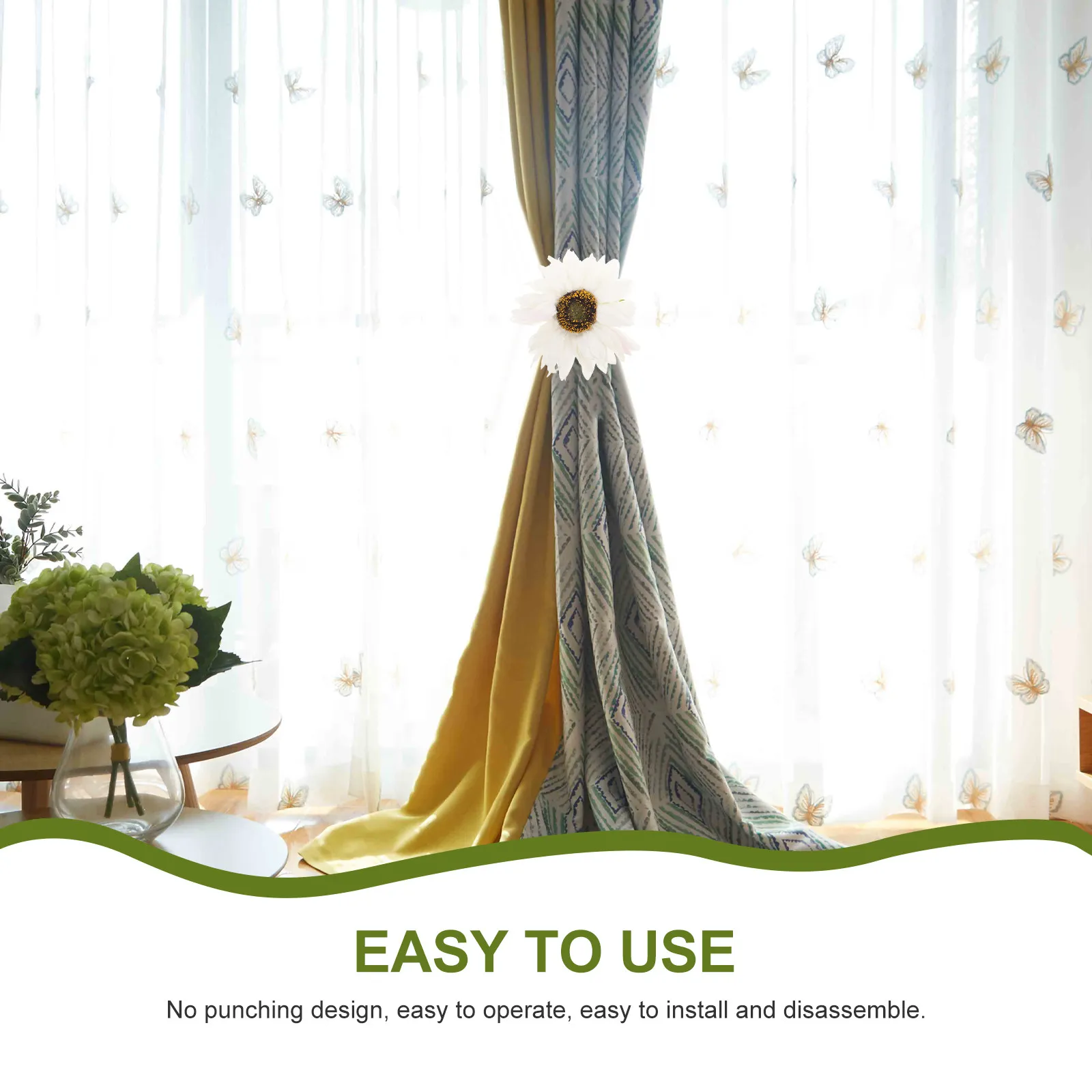 Artificial Sunflower Curtain Tiebacks Clips – 2pcs Strong Clamp Drapery Holders for Living Room, Bedroom, Home Decor