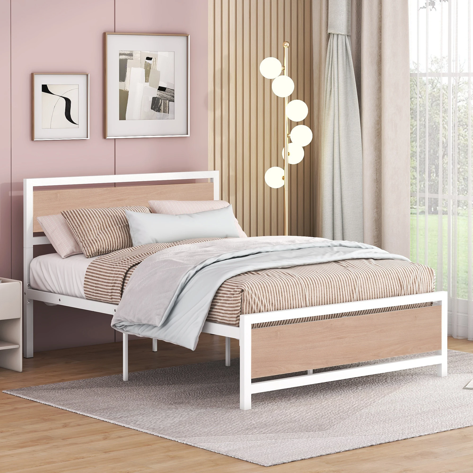 [Flash Sale]Full Size Platform Bed Metal and Wood Bed Frame with Headboard and Footboard White[US-W]