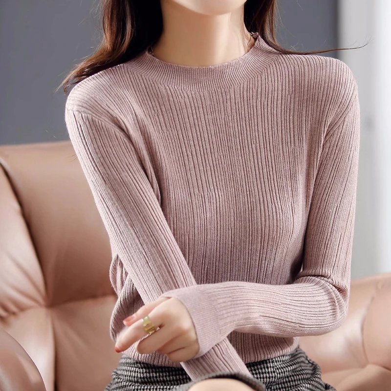 

Casual Versatile Base Layer Tops Women's Pure Color Knitted Slim Fit Sweater Autumn Winter Fashion Long Sleeve Soft Pullovers