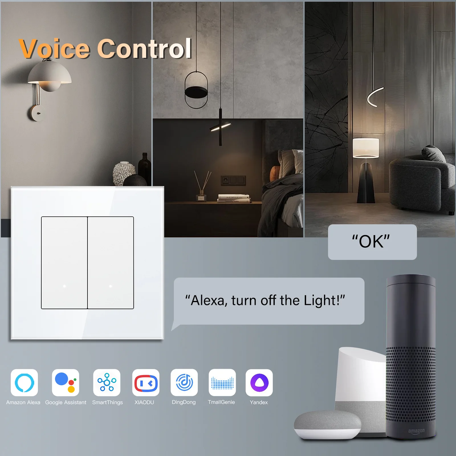 WiFi Smart Light Switch 1/2/3/4 Gang Single‑Fire Wiring with Capacitor Tuya SmartLife Alexa Google Yandex Alice Voice Control