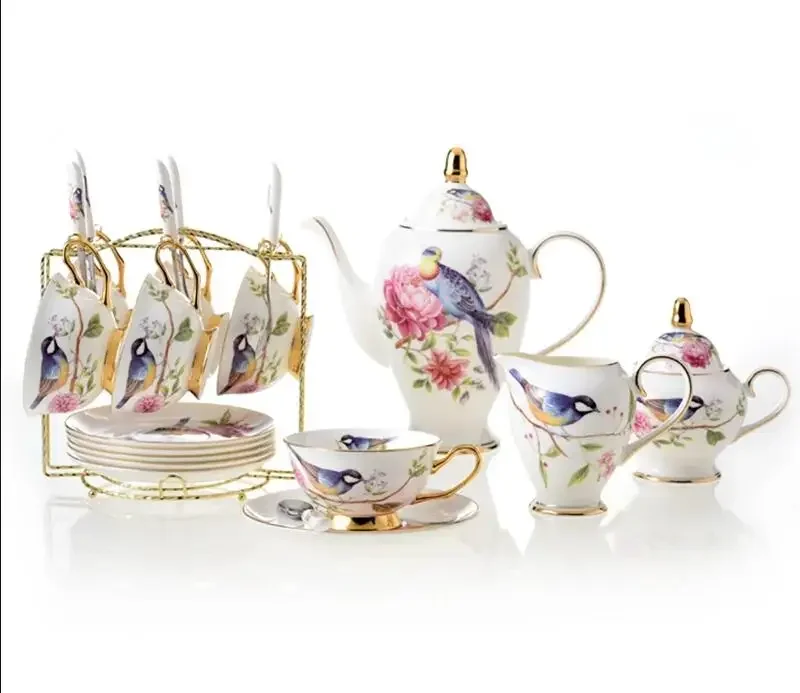 Pastoral Bird Bone China Coffee Set Europe Porcelain Tea Ceramic Mug Pot Sugar Bowl Creamer Teapot Cup Coffeeware