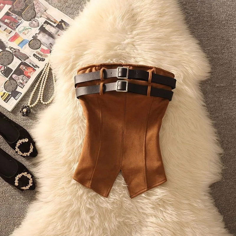 American Retro Spice Girl Sleeveless Top Women's Autumn Fashion Double Belt Slimming Figure-hugging Deerskin Velvet Mini Vest