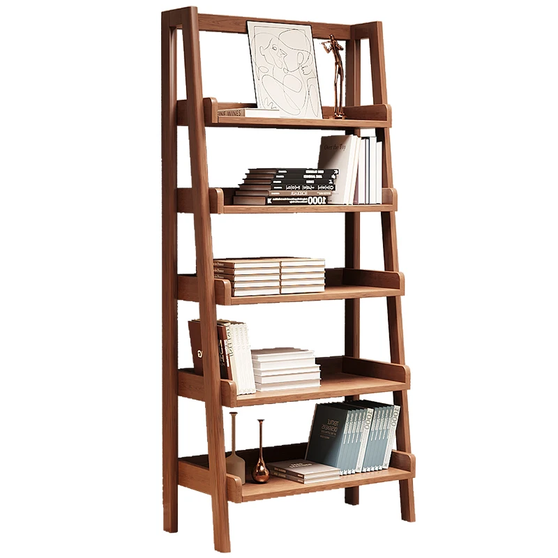 Nordic Walnut Solid Wood Bookshelf Floor-to-ceiling Simple Trapezoidal Living Room Storage Shelf Balcony Flower Stand Storage