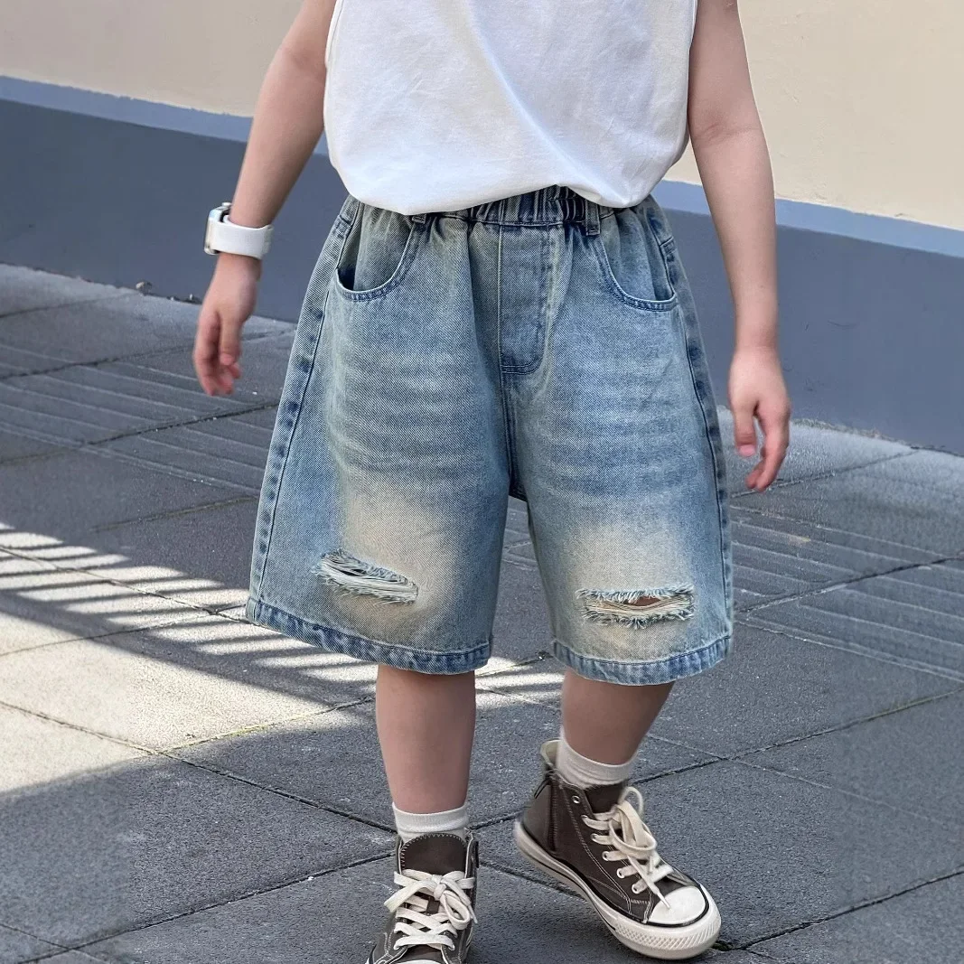 

Детская одежда, детские джинсовые брюки, лето 2024, новый корейский стиль, синие рваные джинсы в стиле ретро, модные красивые детские шорты