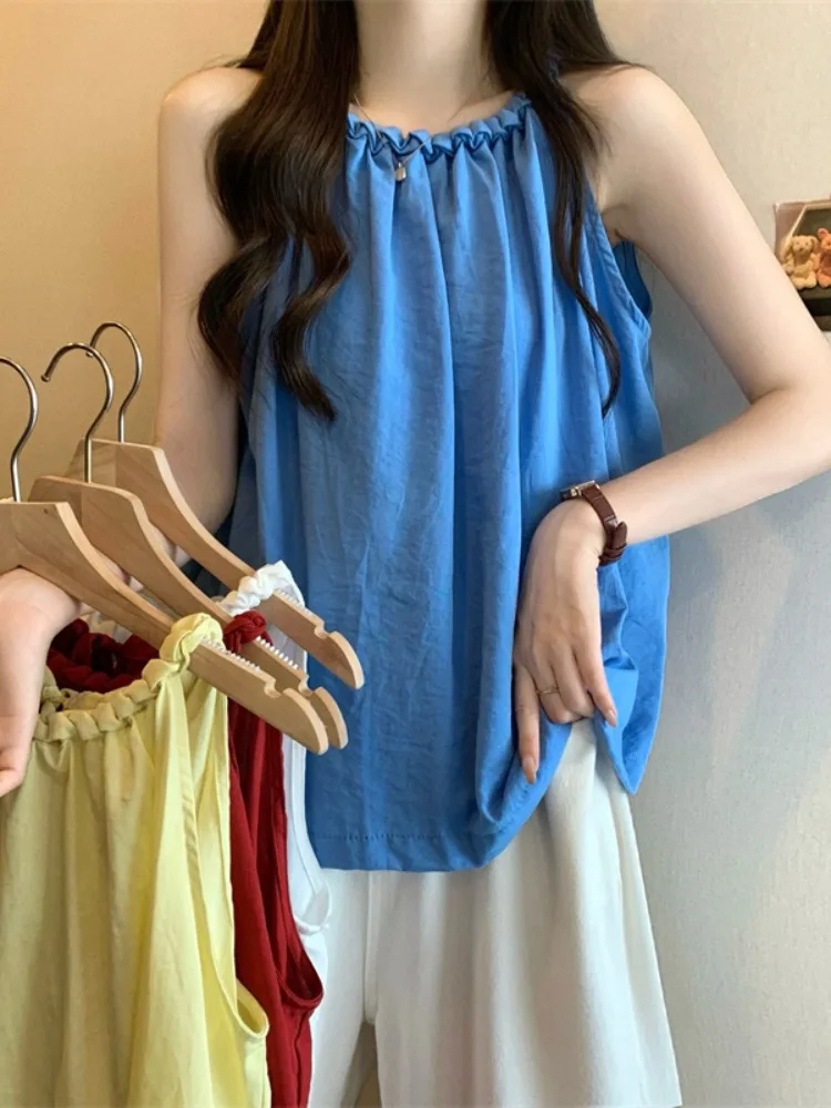 Ankela vermelho pendurado ne irt feminino verão vaion solto fino svel boneca colete superior outerwear coreano sle redondo ne