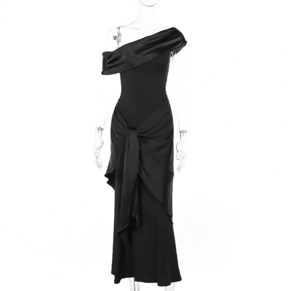 

Women Dress Elegant Off-shoulder Maxi Dress with Lace-up Sash Detail for Prom Summer Parties Slant Neck Evening Gown Women
