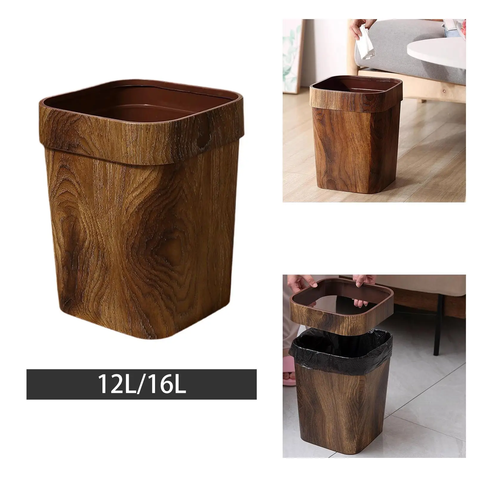 

Imitation Wood Grain Trash Can Large Rubbish Bin for Bathroom Kitchen Office