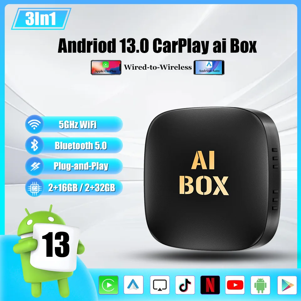 New CarPlay Ai Box Android13 Android Auto Carply 3in1 Wired to Wireless Adapter Built-in Netflix YouTube Google Play Plug & Play