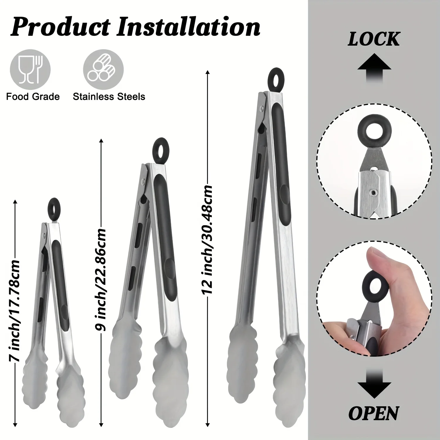Stainless Steel Locking Cooking Tongs, Heavy Duty Metal for Food, Salad & BBQ Set