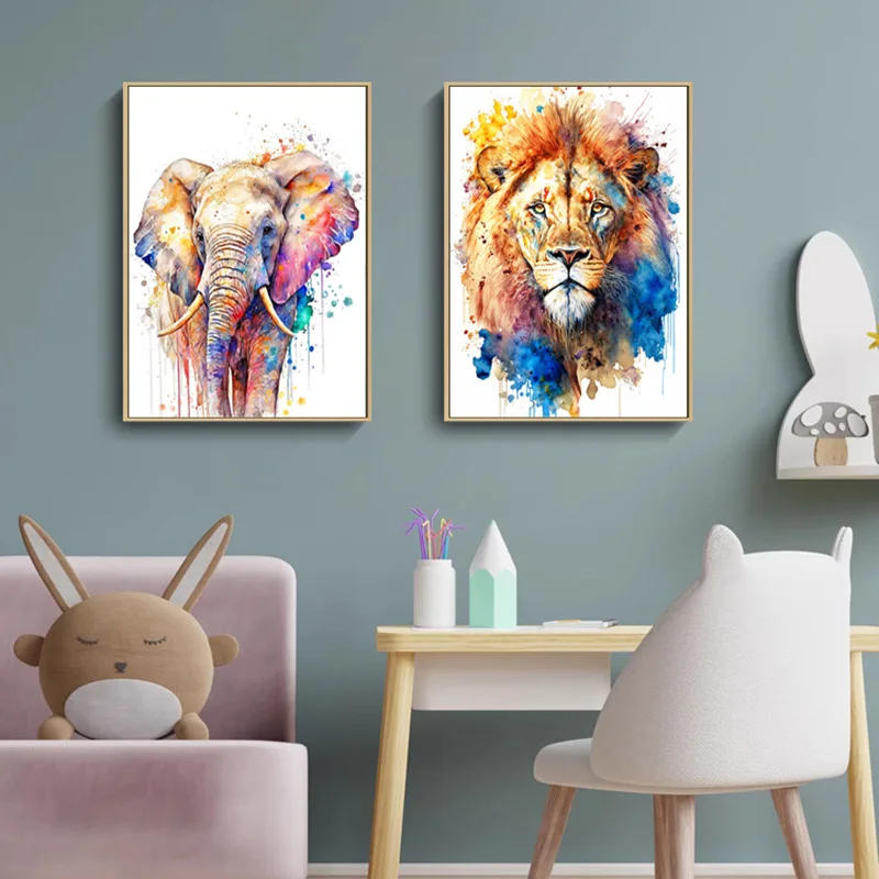 Graffiti watercolor animals zebra lion elephant children's room canvas paintng modern simple study decorative painting