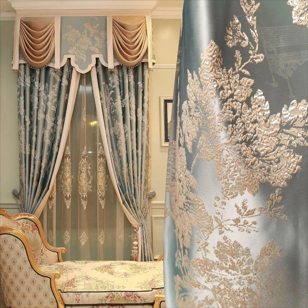 

Customized Blue Jacquard Patched Curtains for Living Room Bedroom French Window Balcony Floating Window Finished Products