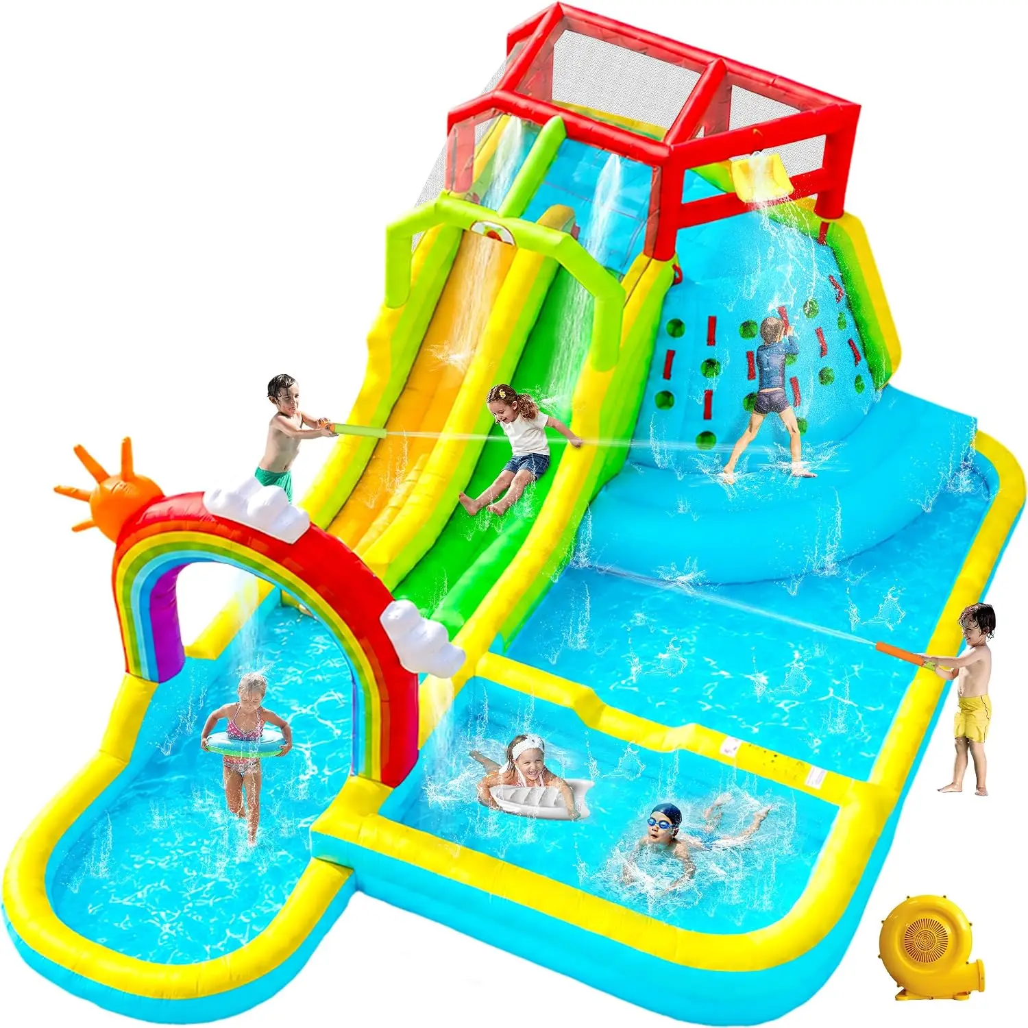 WELLFUNTIME Inflatable Water Slide, 8 in 1 Blow Up Water Park Aged 3-10, Bounce House with Double Long Slides, 650W Blower Water