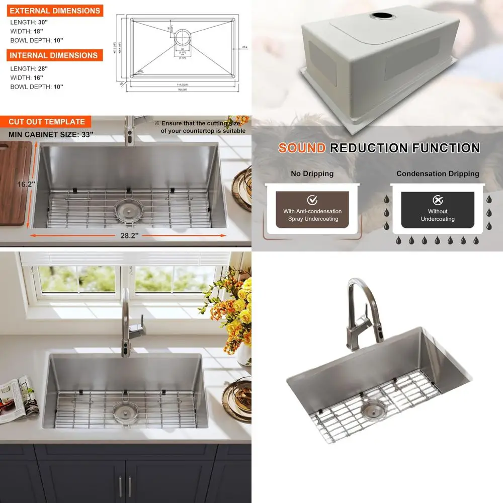 

Кухонная мойка из нержавеющей стали 16G с нижним креплением, одинарная чаша, 30 дюймов, с сифоном и решеткой