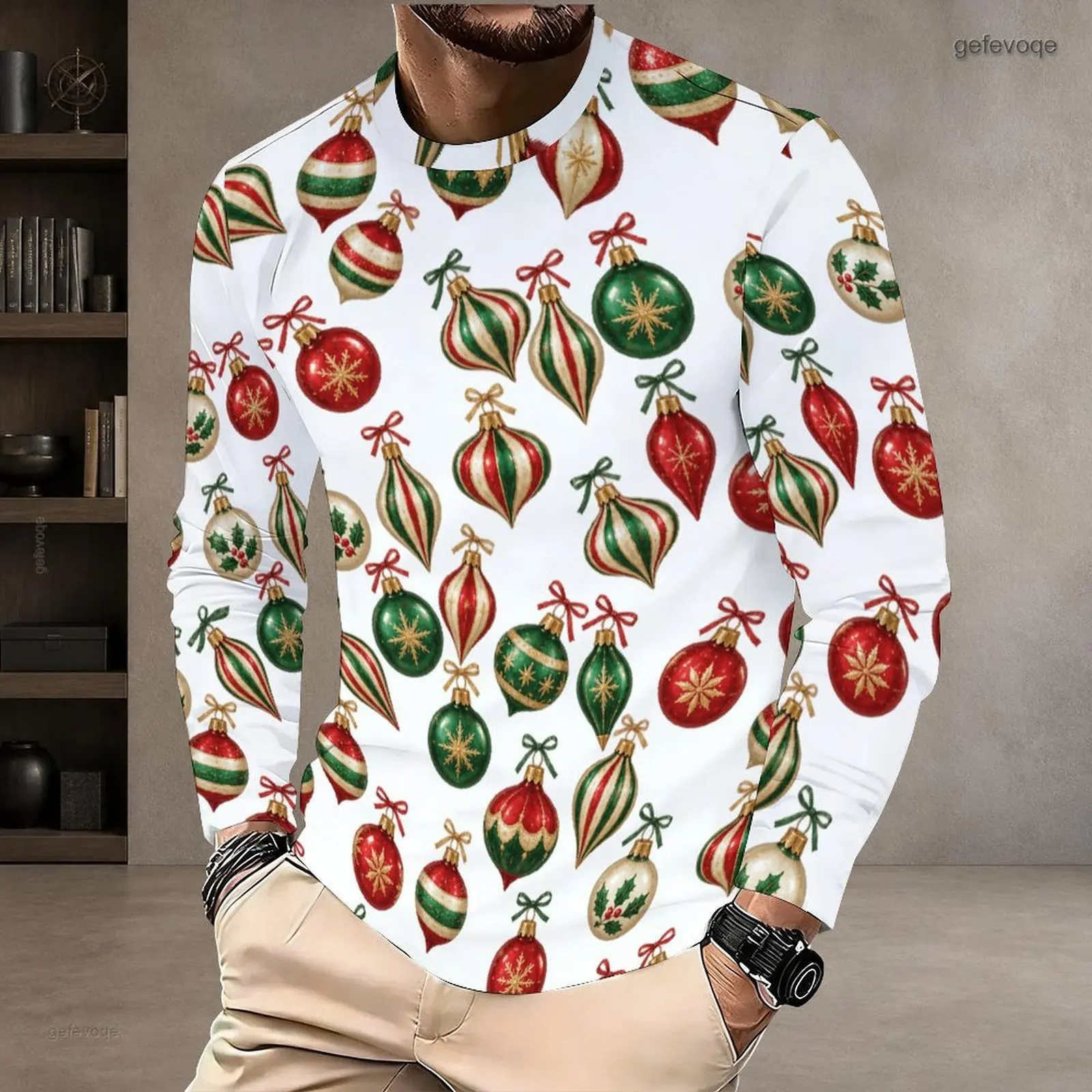 Men Round Neck Long Sleeve Printed T-Shirt Santa Face Gift Box Holly Star Christmas Pattern