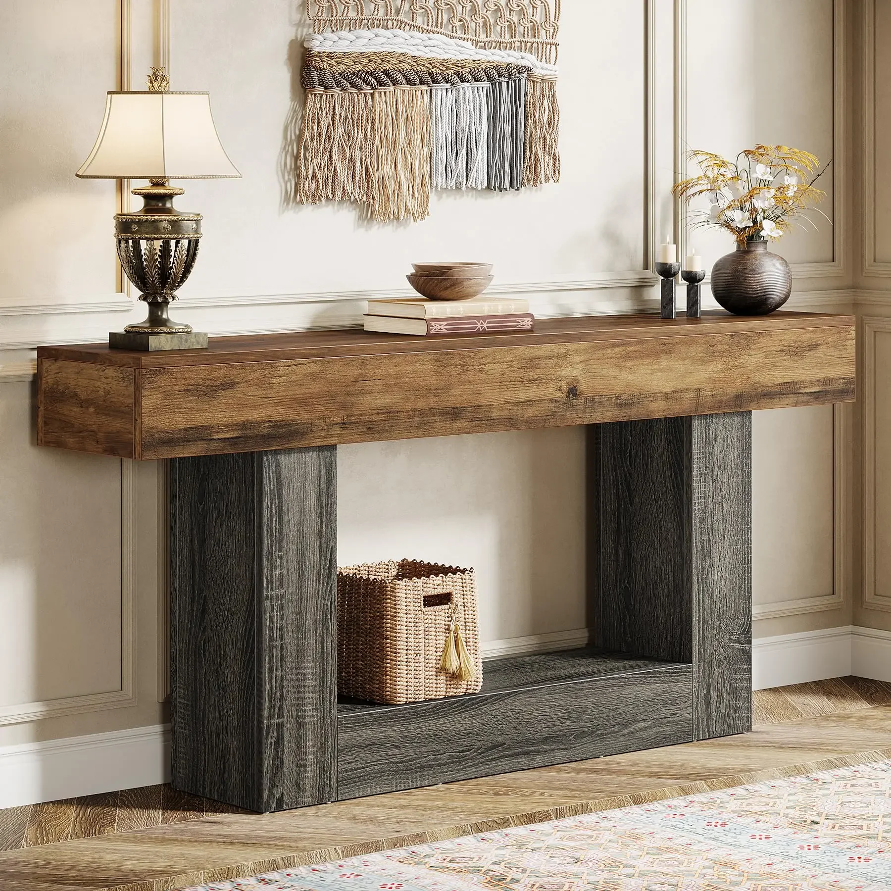 #LITTLE TREE  Console Table, Farmhouse 2-Tier Entryway Table with U-Shaped Base,Narrow Long Wood Sofa Table Behind Couch Table