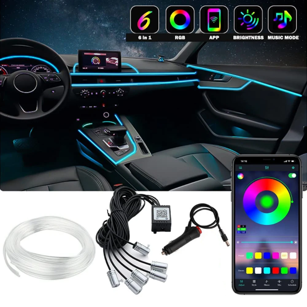 RGB LED Car Interior Decorative Light Strip Flexible Atmosphere Lamp With Cigarette Connector By APP Control 8M Neon Light Strip