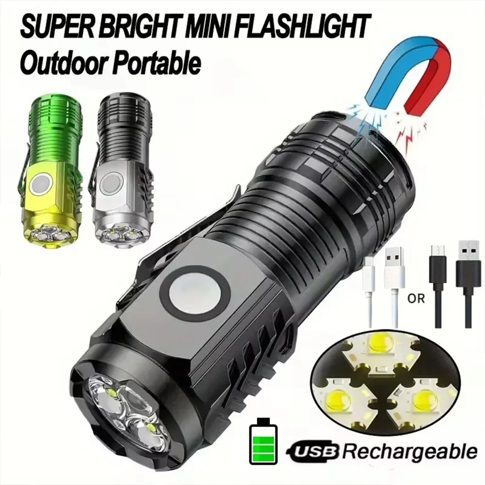 Tactical USB Rechargeable Mini Flashlight Super Bright Outdoor 3 LED Torch Clip Magnet Work Light For  Hiking Camping Car Repair