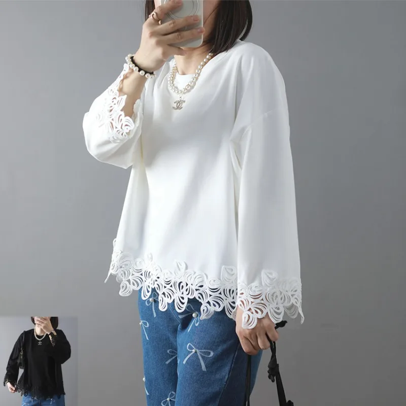 White Hollow Out Lace Patchwork Flared Sleeve T Shirts for Women Korean Fashion O-Neck Long Lseeve Loose T-shirt Versatile Tops