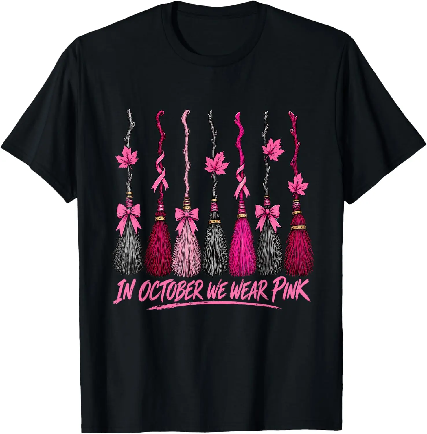 In October We Wear Pink Breast Cancer Awareness Witch Brooms T-Shirt Cute Halloween Pumpkin Short-Sleeve Tee: Fun, Breathable, Pure Cotton, Stylish—Perfect for Sports, Lounging, or Casual Wear.