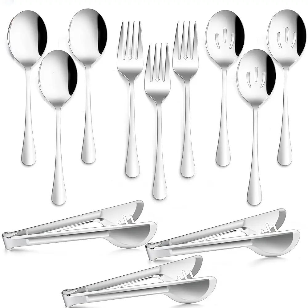 

12-Piece Large Serving Utensils Set, Stainl Steel 9.8 H Serving Slotted Spoons, 9.9 H Fork, 9.4 H Tong For Buffet Catering