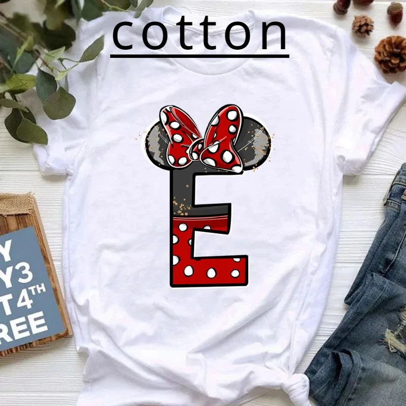 New Summer Short Sleeve Disney Children Baby Clothes Minnie Mouse Letters Print A-Z Print Kid Cotton T-shirt Y2k Tops Boy Girl