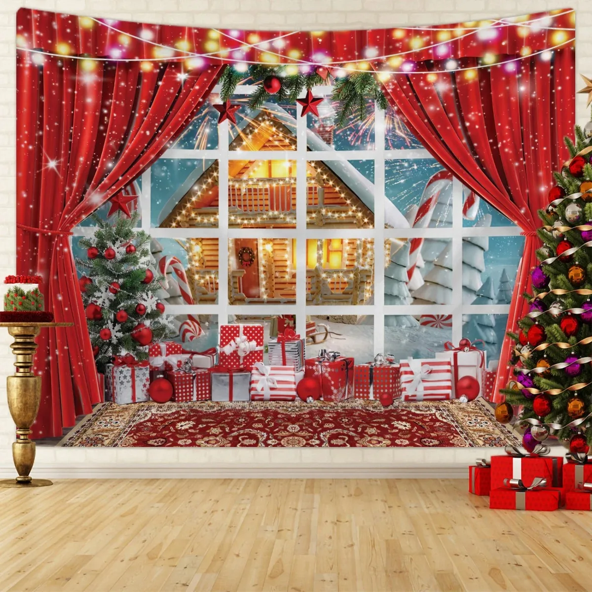 Christmas Day party decoration tapestry window snow scene Christmas Tree Santa Claus photography background cloth