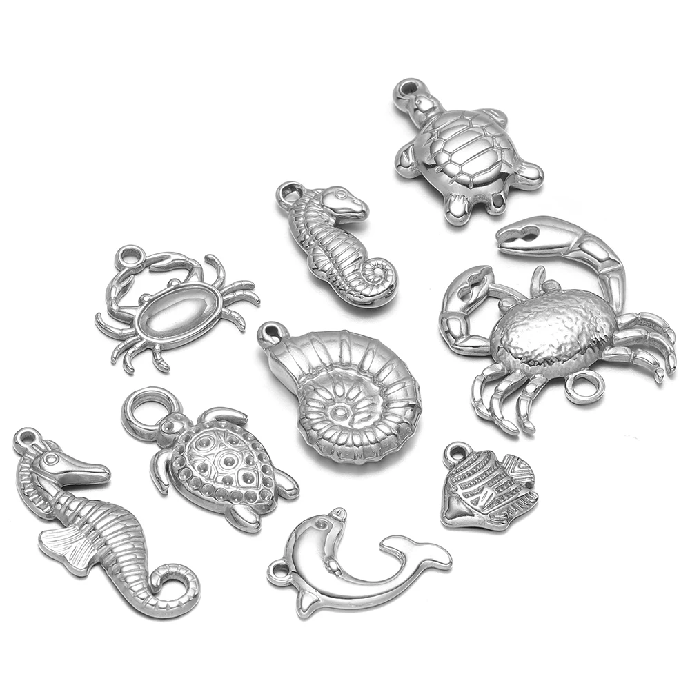 5 Stück Sommer-Ozean-Delfin-Seepferdchen-Krabben-Schildkröten-Anhänger aus Edelstahl für DIY-Ohrringe, Halsketten und Armband-Zubehör – Detail 3