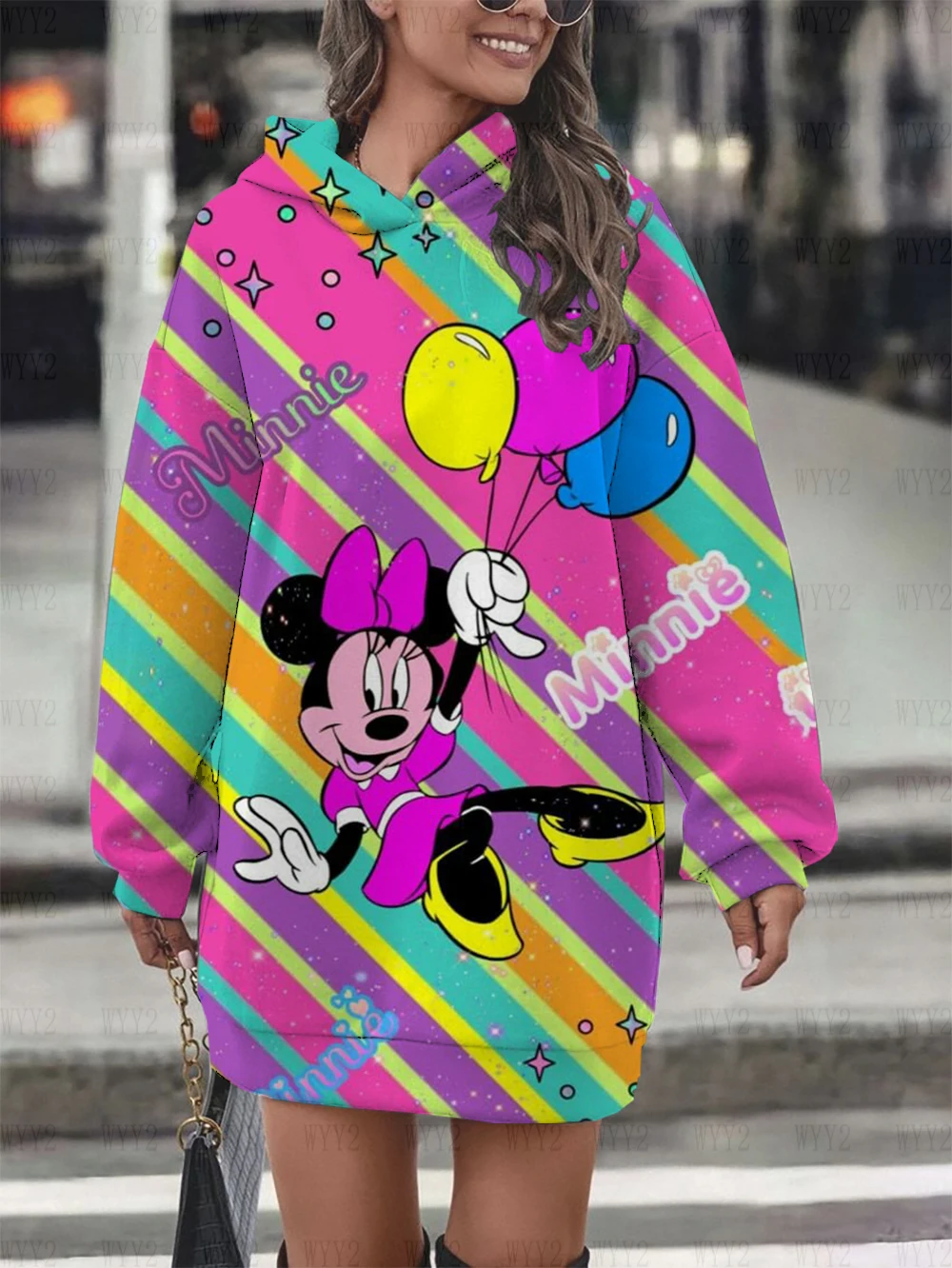 Ladies Sweater Dress Casual Print Disney Mickey Minnie Round Neck Hooded Sweater Dress Simple Fashion Ladies Clothing