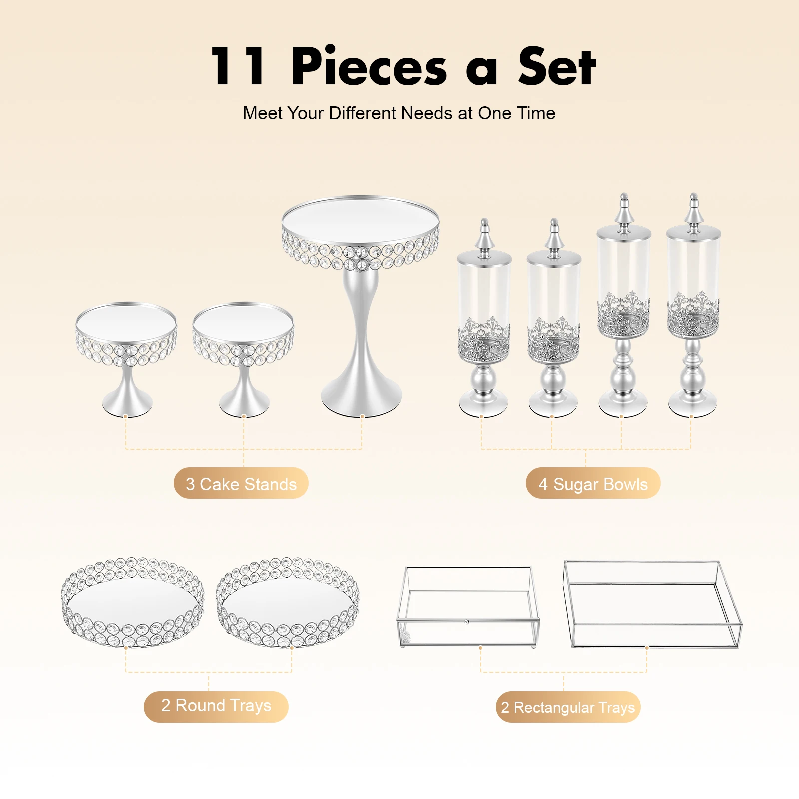 

11 Pieces Cake Stand Set Silver Modern Iron Glass Acrylic Electroplated Rectangular Round Tabletop Assembly Required for Party