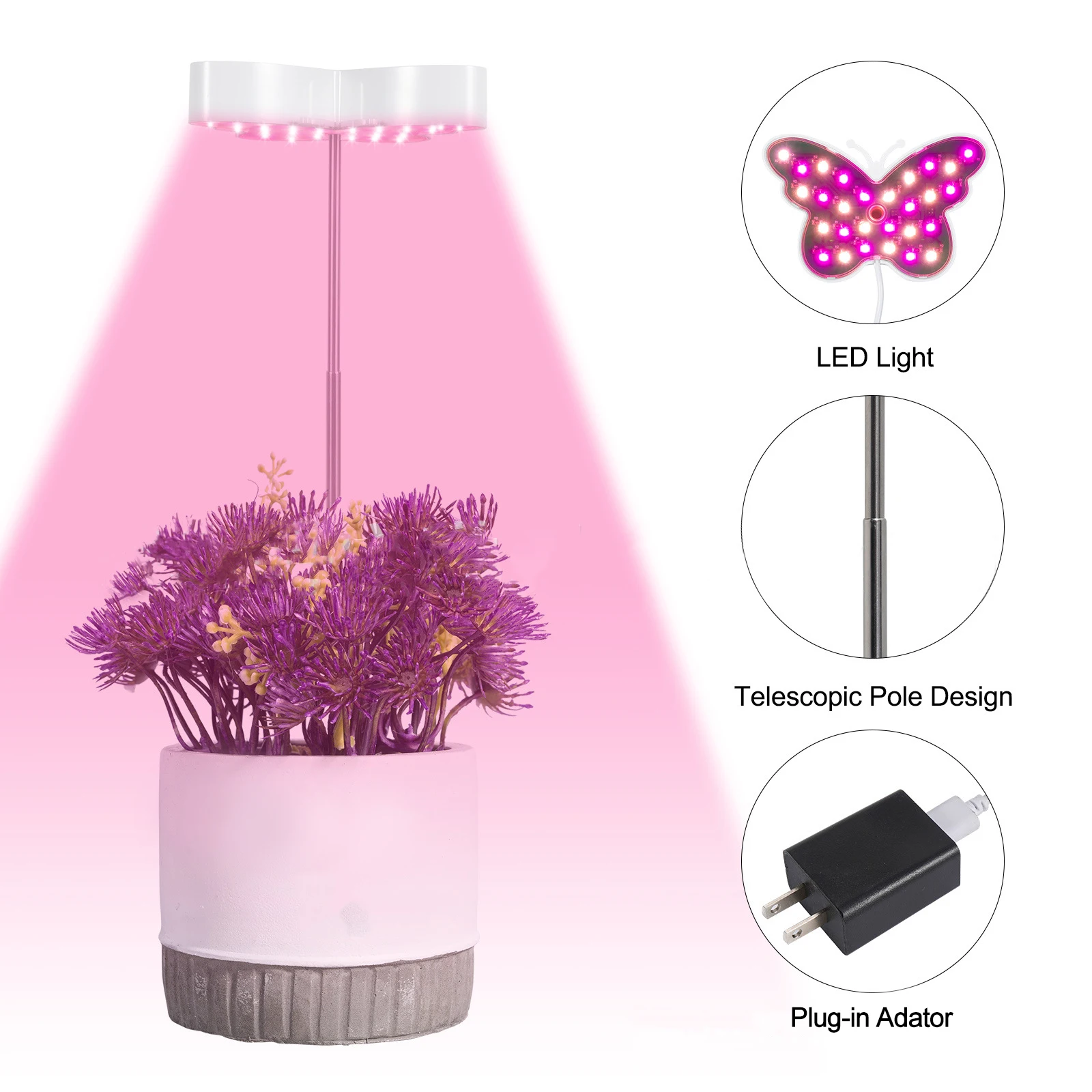 Retractable Rod New Butterfly LED Plant Grow Light Cycle Timing Single Head Plant Lamp Full Spectrum Fleshy Fill Lights 350lm
