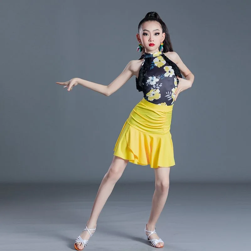 Girls Printing Latin Dance Dress Practice Set Summer Standard Art Test Split Dance Skirt Suit Performance Competition Dance Wear
