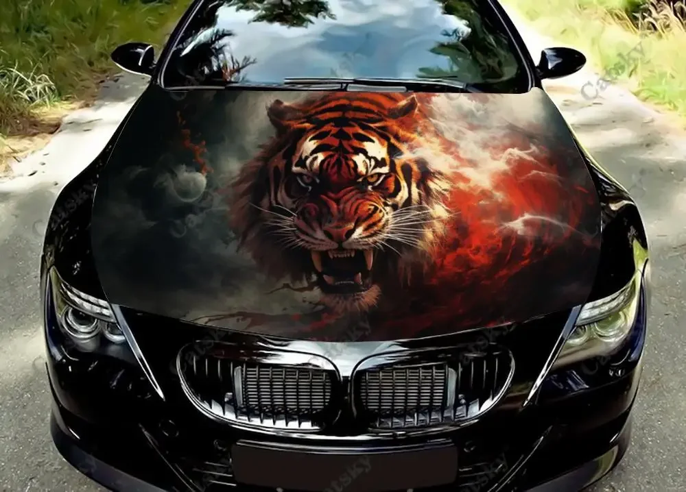 

Виниловая пленка с изображением тигра и заднего пламени, наклейки на крышку двигателя, наклейки на капот автомобиля, защитная пленка