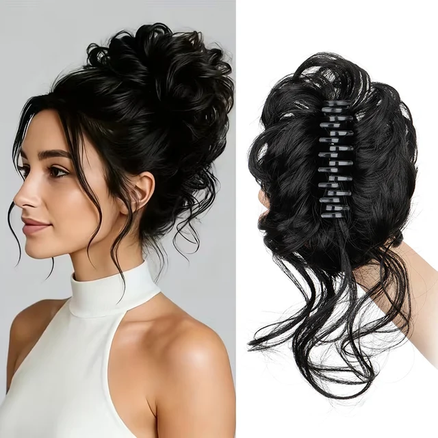Syntetyczny krótki falowany kręcony messy bun elegancki upięty warkocz doczepiany na klips, potargany kok, przedłużenie włosów dla kobiet