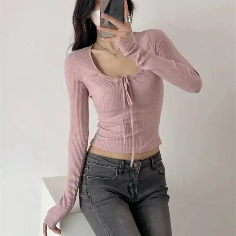 

Square Neck Sweet Slim Tops Solid Color Thin Long Sleeve T-shirt Women's Clothing Bottoming Shirt Lace Up T-shirt Spring Autumn
