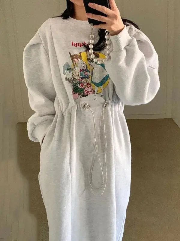 plus Size Women's Korean Style Fleece Lined Drawstring Waist Dress Lace Trim Loose Winter Sweatshirt Dress Long Sleeve round ...