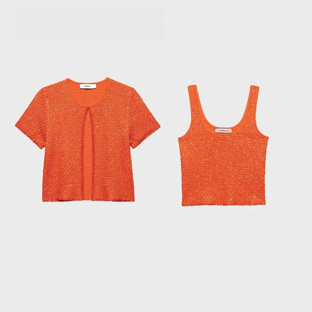 

2025 летний новый женский модный стиль, простой декор из бисера, круглый вырез, короткий рукав, вязаный топ, женский кардиган