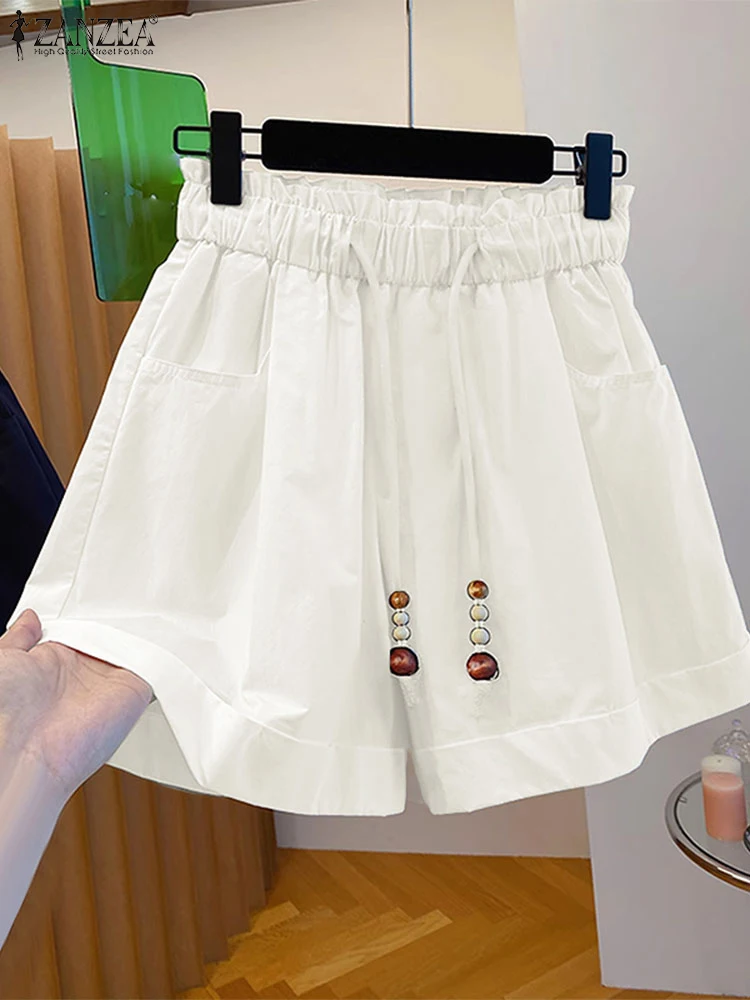 ZANZEA Woman Loose Wide-Leg Shorts 2025 Summer Casual Beaded Elastic High Waist A-Line Short Pants Day Wear Solid Color Bottoms
