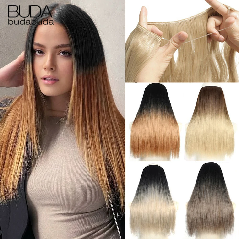 Synthetic Fish Line Hair Extensions Ombre Natural Blonde Black Long Straight High Tempreture Fiber One Piece Fake Hairpiece Hair