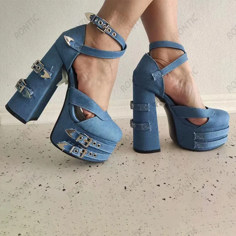 Rontic Handmade Women Platform Pumps Denim Buckle Strap Chunky Heels Round Toe Pretty Blue Cosplay Shoes US Size 5-15 - view 2